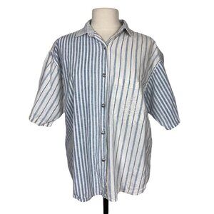 Vintage 90s Andrew Sports Top Blouse Small Womens Oversized Striped Blue White